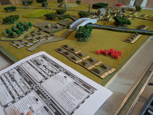 View across the table with an army reference sheet in the foreground and red dice marking results