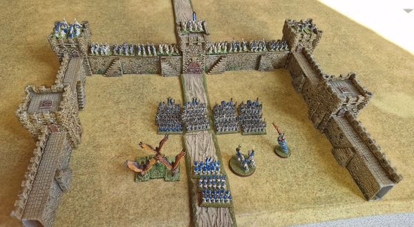 Overhead view of the Elven castle of Limeswold with Elf spearmen and cavalry deployed in the courtyard